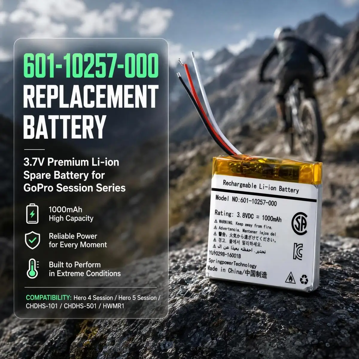 601-10257-000 3.7V Replacement Spare Battery for Go Pro Hero 4 Session Hero 5 Session CHDHS-101 CHDHS-501 HWMR1 Action Camera