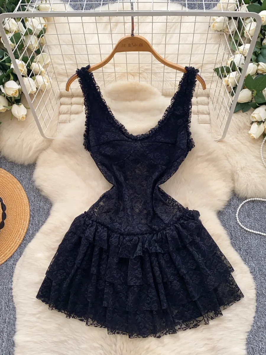 Foamlina 2025 verão preto renda em camadas mini vestido sexy halter y2k rua quente menina cinched cintura magro ajuste a linha saia colete vestido
