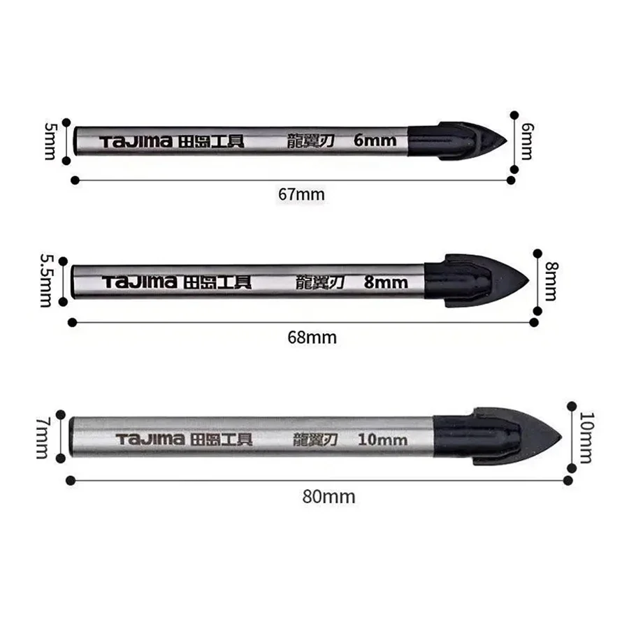 TAJIMA 6/8/10MM Trapano triangolare in lega 5 pezzi Apri foro per calcestruzzo in ceramica di vetro NO.1602-2731/1602-2732/1602-2733