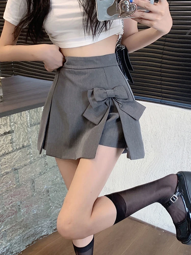 Zoki Cute Bow Women Sexy Pleated Skirt Janpan Sweet High Waist Student A Line Mini Skirt Summer Zipper Female Solid Color Skirt