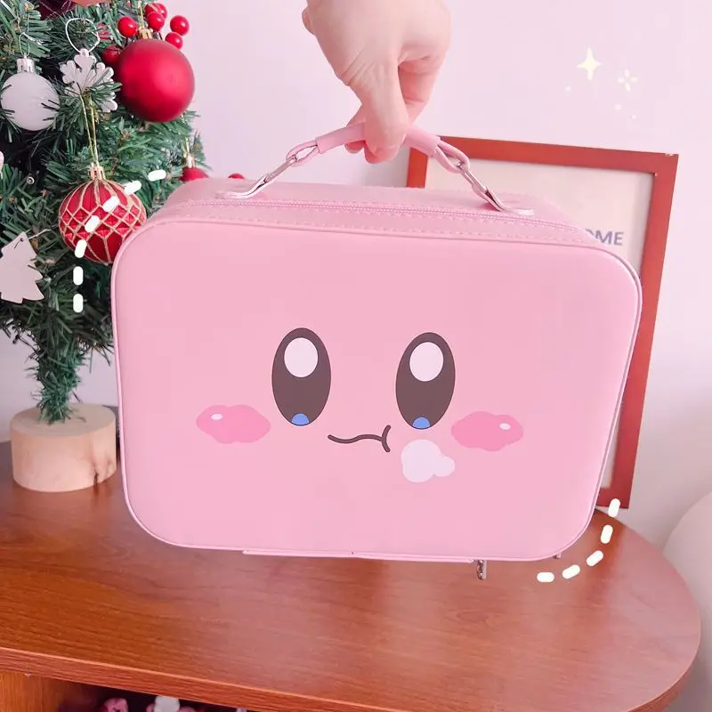 Kirby-Bolsa de cosméticos Kawaii para mujer, bolsa de maquillaje de Pu resistente al agua de gran capacidad con espejo, organizador de cosméticos portátil bonito para regalo