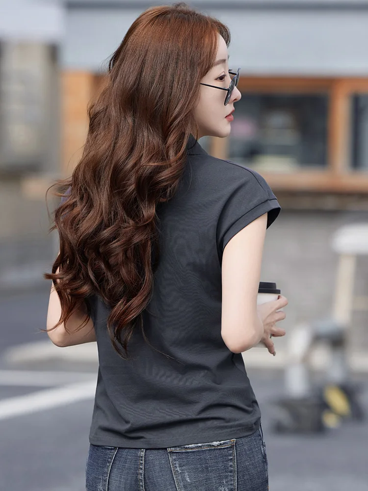 New Women Summer Sweet Cotton T-shirt Fashion Polo Collar Short Sleeve Loose T-shirt Casual Simplicity Basic T-shirt