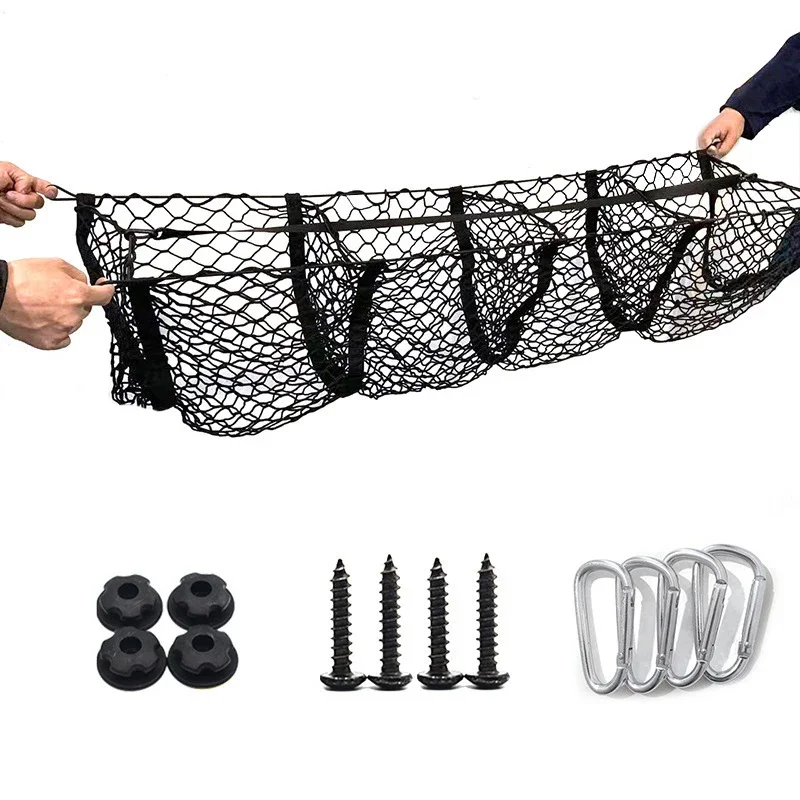 Truck Bed Cargo Net with Hooks Screws Buttonholes Mesh Net Bag Grocery Car Rear Storage Organizer Interior for Pickup Truck SUV