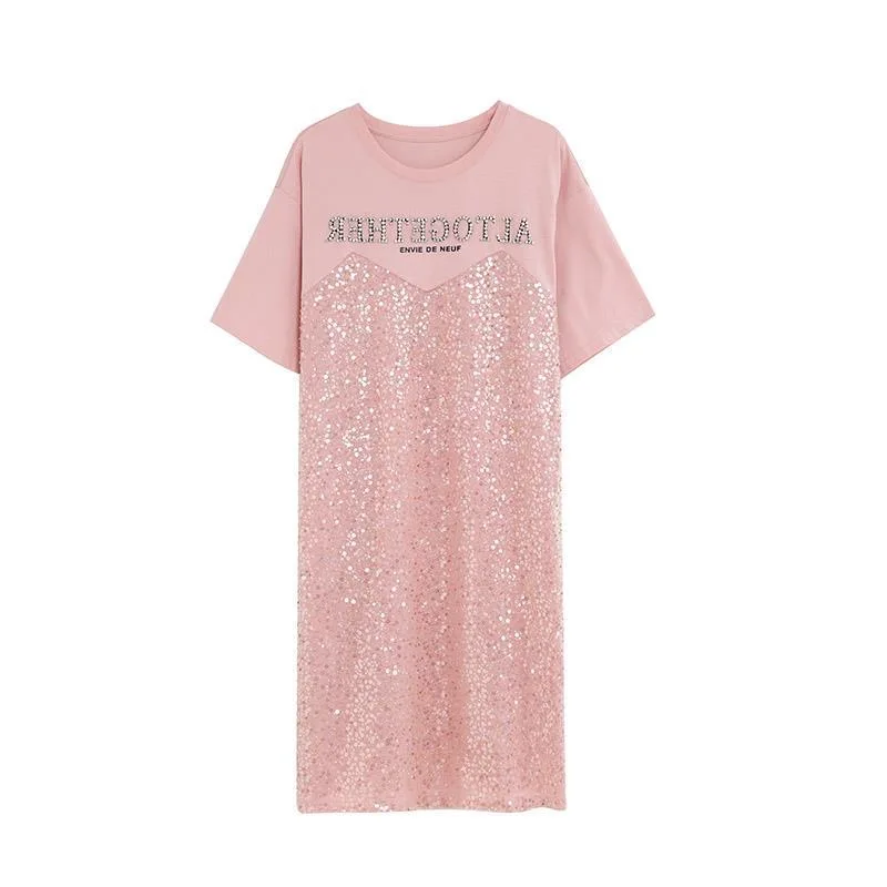 

IHOBBY Sequins Women Pink T Shirt Dress New Fashion Summer Letter Diomad Knee Length Short Sleeve Dresses Casual Vestidos