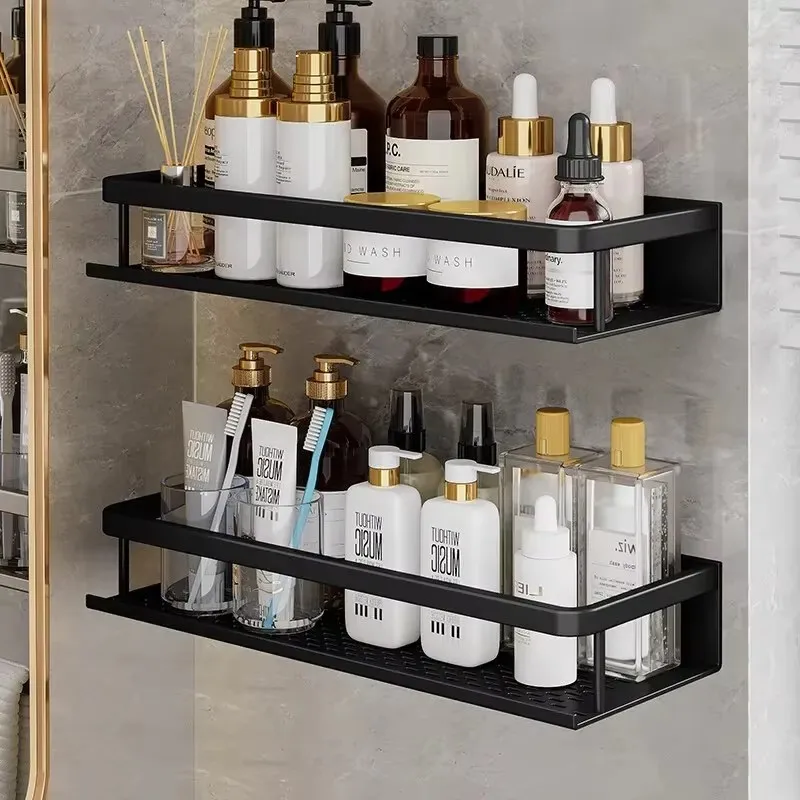 Aluminum Bathroom Shelf No Drill Rust Proof Storage Rack Space Saving Rectangle Shape Shower Shelf Toiletries Storage Furniture
