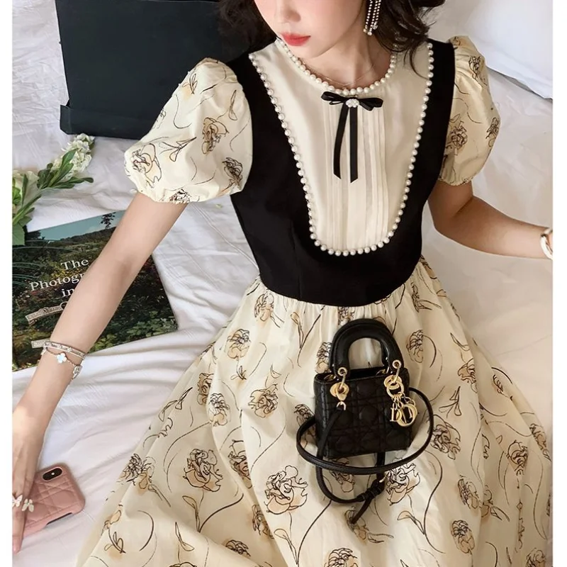 

2023 Summer French Vintage Elegant Party Floral Dress Office Lady Beach Casual Midi Dress Women Retro Formal Dress Korean Chic