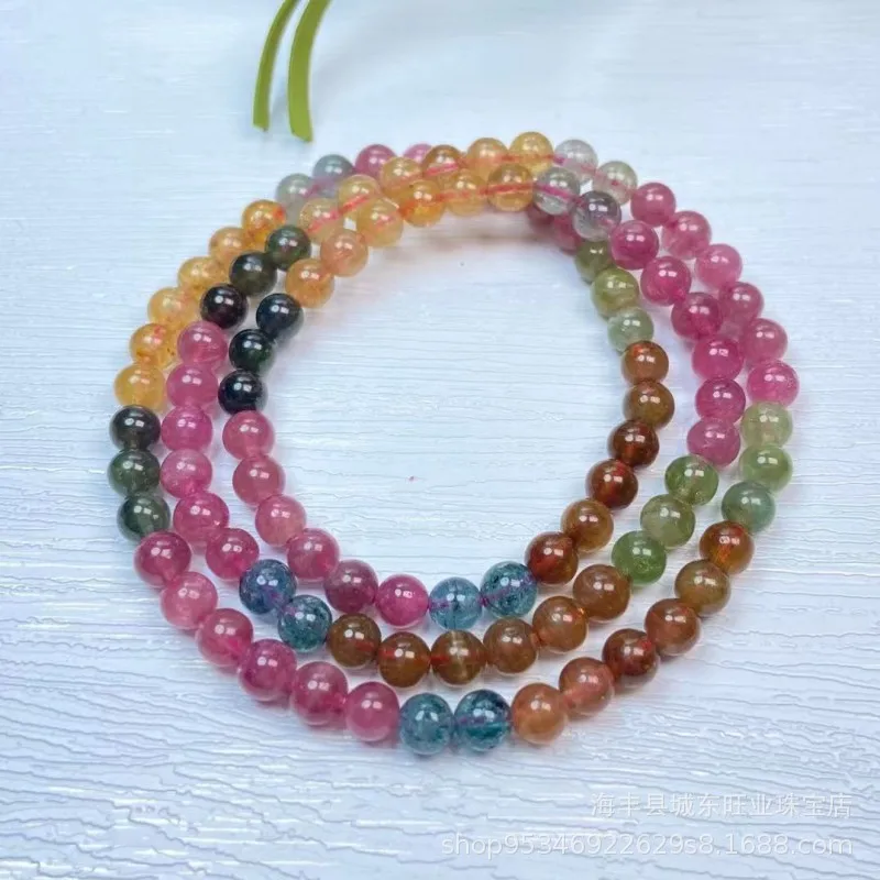 

Women's Natural Crystal Rainbow Tourmaline Three Circles round Beads Bracelet DIY