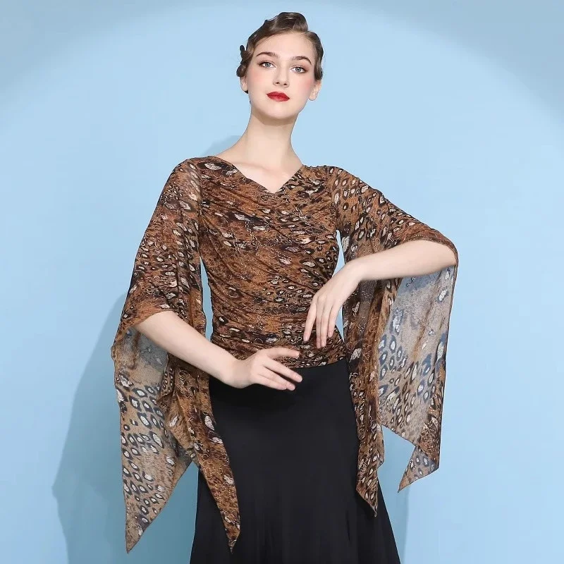 

Fashion Trend Cross V-neck Drawstring Water Sleeve Modern Dancewear Senior National Standard Dance Tops Sorority Dance Costumes