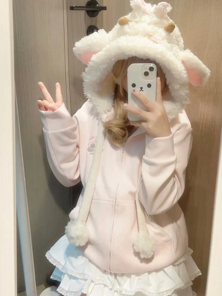 Harajuku الحلو Kawaii معطف فضفاض كم طويل مع مقنع المرأة اليابانية لطيف سستة بلوزات عادية Y2k سترة معطف أنيق