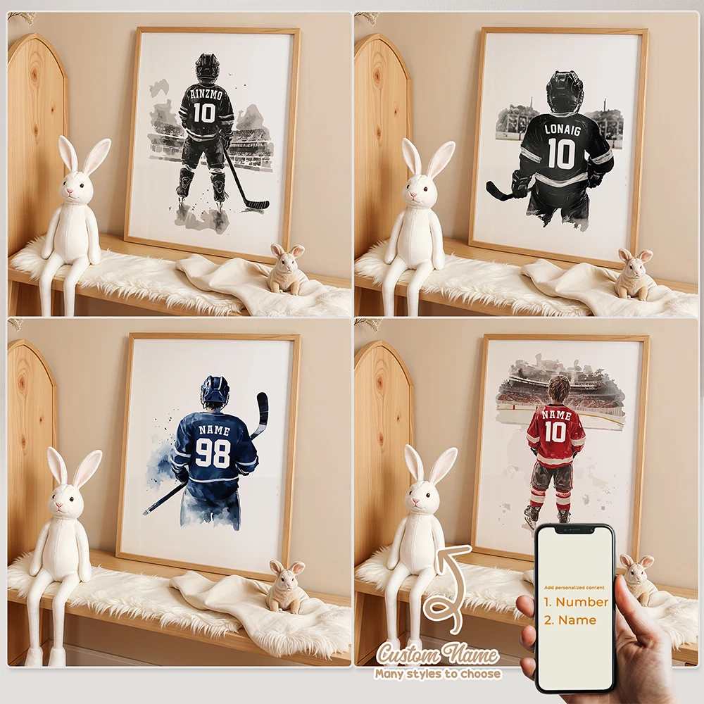 Personalisierter benutzerdefinierter Cartoon-Kinder-Hockey-Wandkunstdruck, Bild auf Leinwand, Poster, Gemälde für Wohnzimmer, Heimdekoration, Geschenk