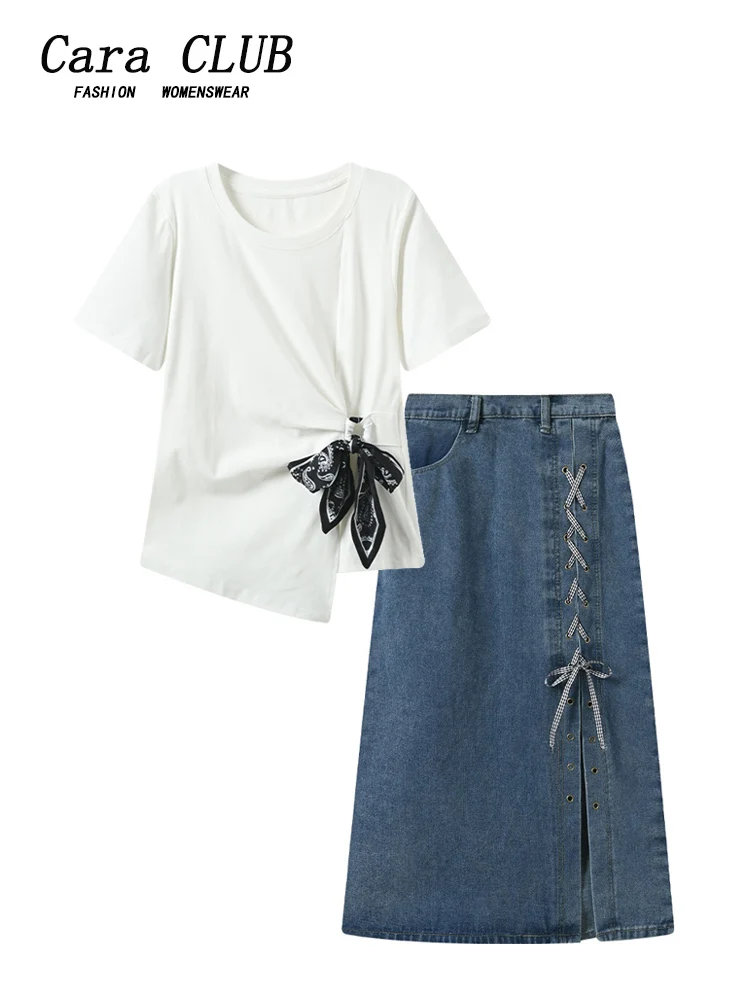 Casual Summer plus Size Denim Skirt Set Women's Short Sleeve T-Shirt Half Skirt Trendy Pear Shape Fit round Neck Cotton Blend