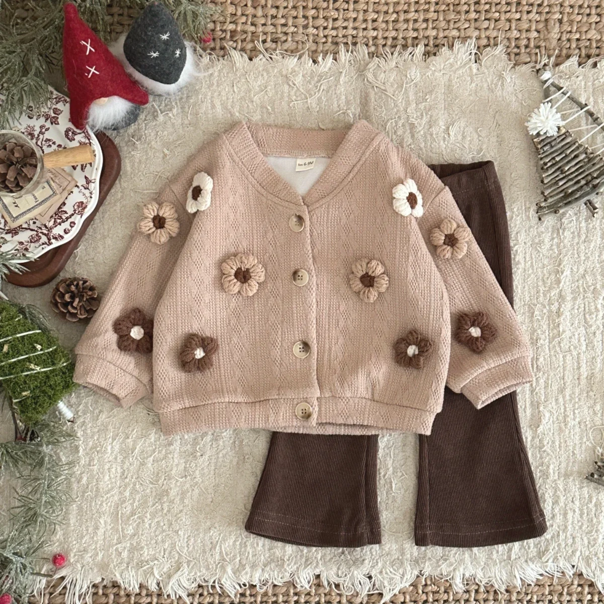 

New Fashion Clothing Baby Spring Fall 3D Small Flower Cardigan+ Pant Baby Girl Casual Solid Color Sets