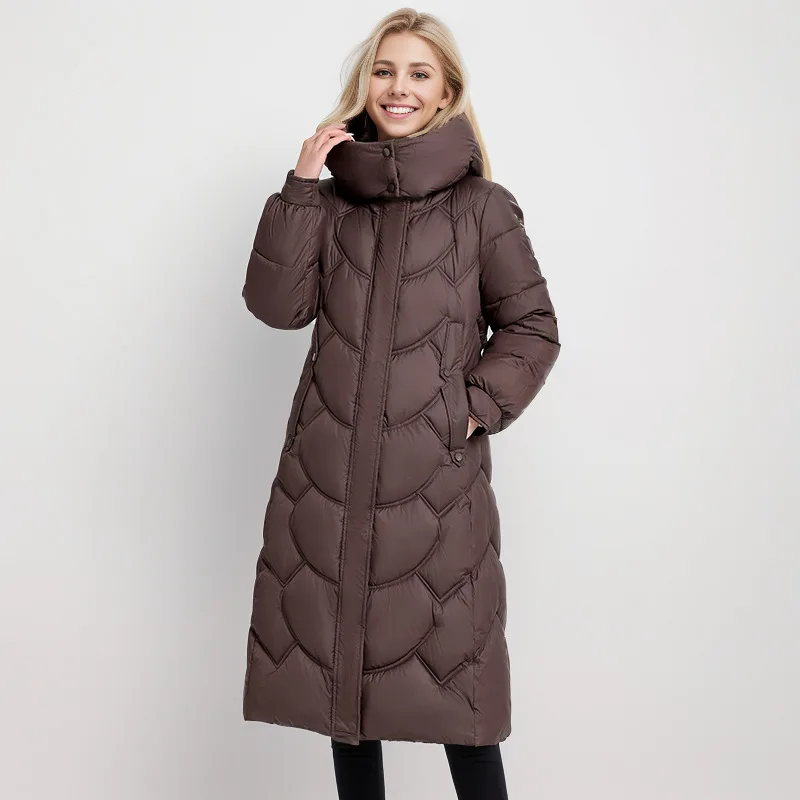 Wave Stitch Hooded Cotton Coat For Women Winter Over The Knee Thick Warm Jacket Female Pure Color Long Cotton Jacket For Women