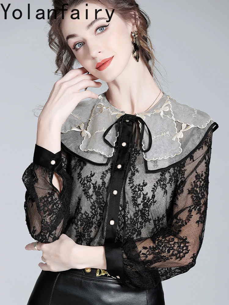 YOLANFAIRY Real Silk Organza Spliced Lace Shirts for Woman 2025 Autumn Long Sleeve Shirts Women Top Doll Collar Ladies Blouses