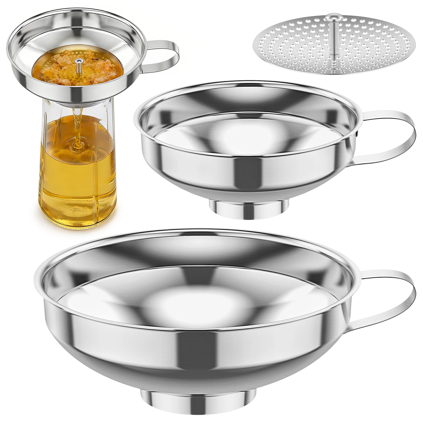 3Pack Canning Funnel with Strainer Stainless Steel Wide Mouth Canning Funnel with Handle for Filling Mason Jar for Jam Oil Spice