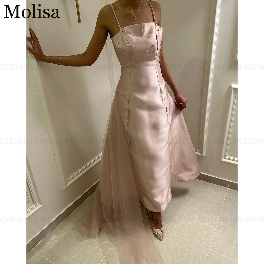 

MOLISA Saudi Arabia Backless Satin Pink Backless Sexy Evening Gowns A-Line Spaghetti Strap Crystal Party Dresses فساتين الحفلات