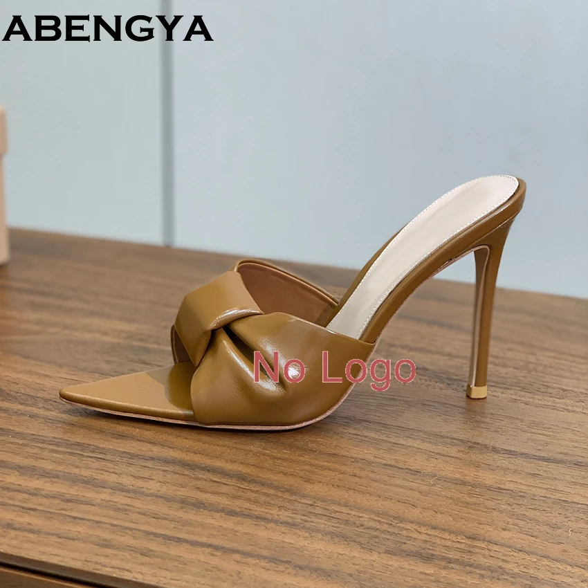 Плиссированные кожаные тапочки на тонком каблуке, женские сандалии-гладиаторы с острым носком, летние модельные туфли на высоком каблуке, женские тапочки