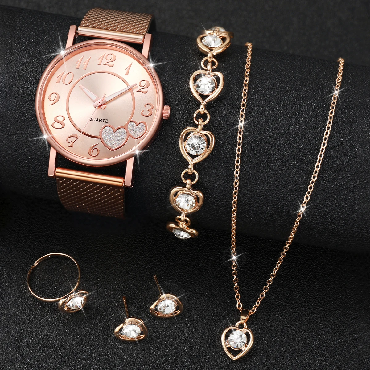 6PCS/Set Fashion Heart Dial Women\'s Watch Casual Plastic Band Quartz Watches Rhinestone Heart Jewelry Set(Without Box)