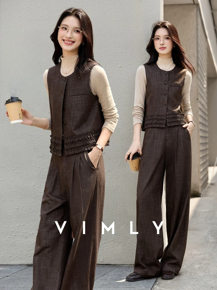 

VIMLY Women's Autumn Pant Suits 2025 Vintage Round Neck Ruffle Waistcoat Wide Leg Long Pants Elegant Sets Woman 2 Piece A3103