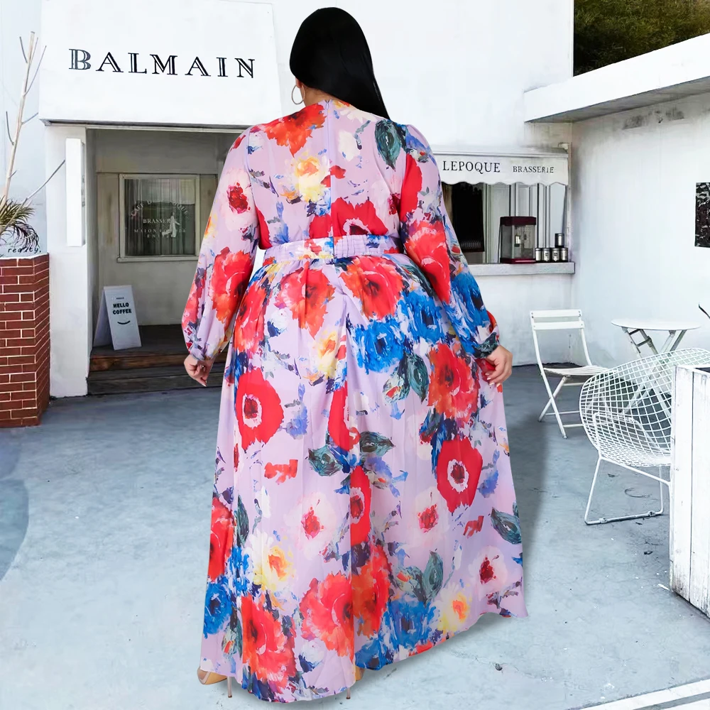 African Chiffon Dresses For Women Muslim Boubou Robe 2022 New Print Floral V-neck Kanga Clothing Summer Lady Long Sleeve Clothes