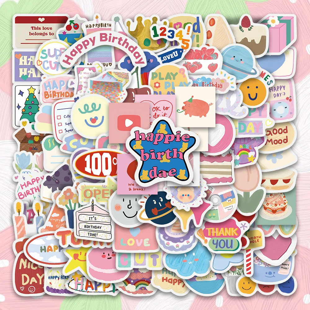 90PCS Cartoon Happy Birthday Kawaii Gift Decoration Stickers Laptop Guitar Motorcycle Luggage Skateboard Kids Toy Stickers