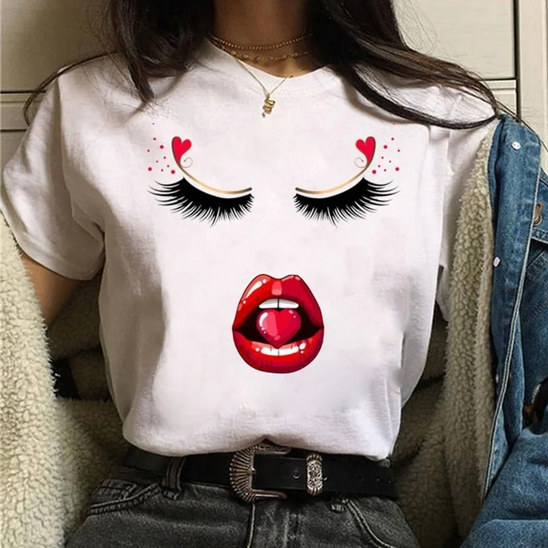 Colorful Eyelash Eyes Lip Face Print Women T Shirt Short Sleeve O Neck Loose Women Tshirt Ladies Tee Shirt Tops Camisetas Mujer