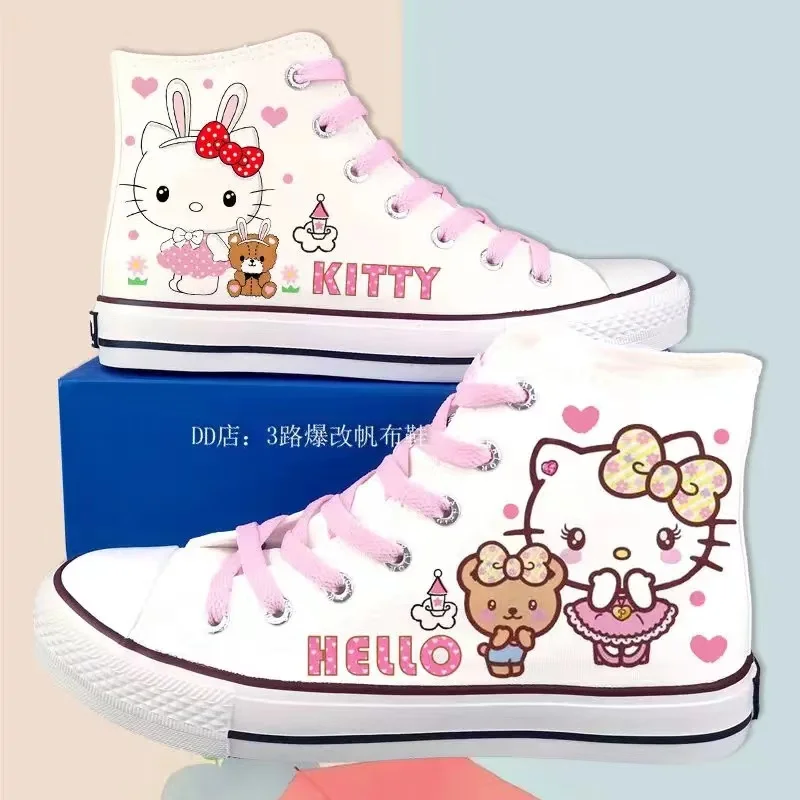 Hello Kitty Cat real pictures white 2025 new Autumn Winter Style High Top Casual Shoes for Female Students women flats shoes