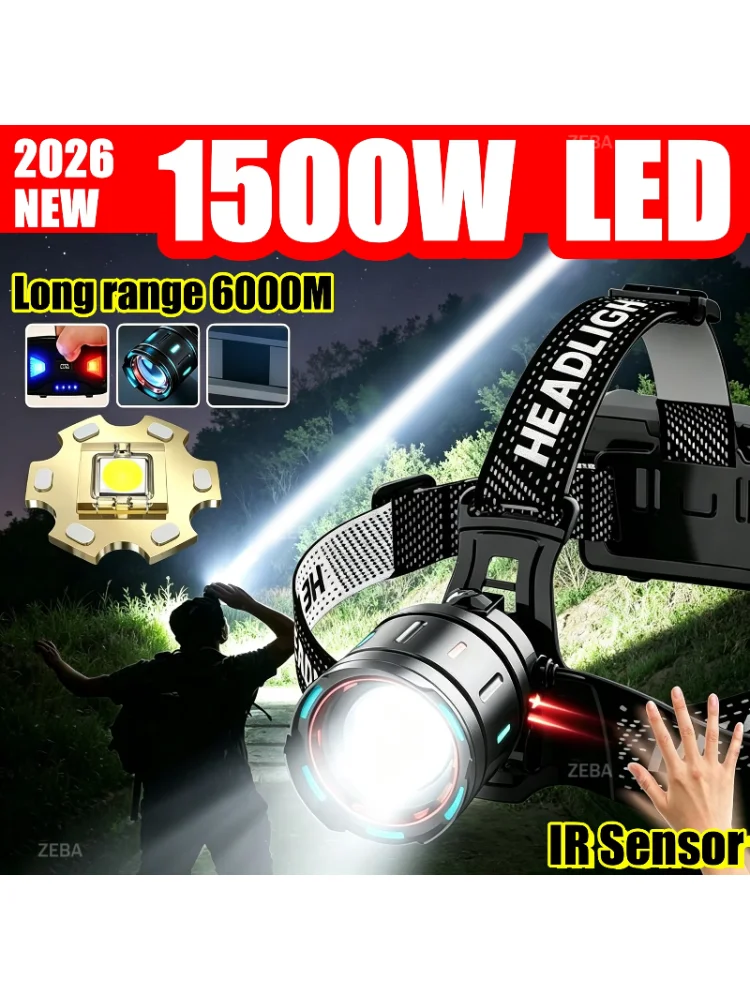 1500W LED Latarka Czołowa 6000M Daleki Zasięg Czujnik Ruchu IR Latarka Czołowa USB Akumulatorowa Z Regulacją Mocu Światła Do Kempingu Polowania Wędrówek — 2