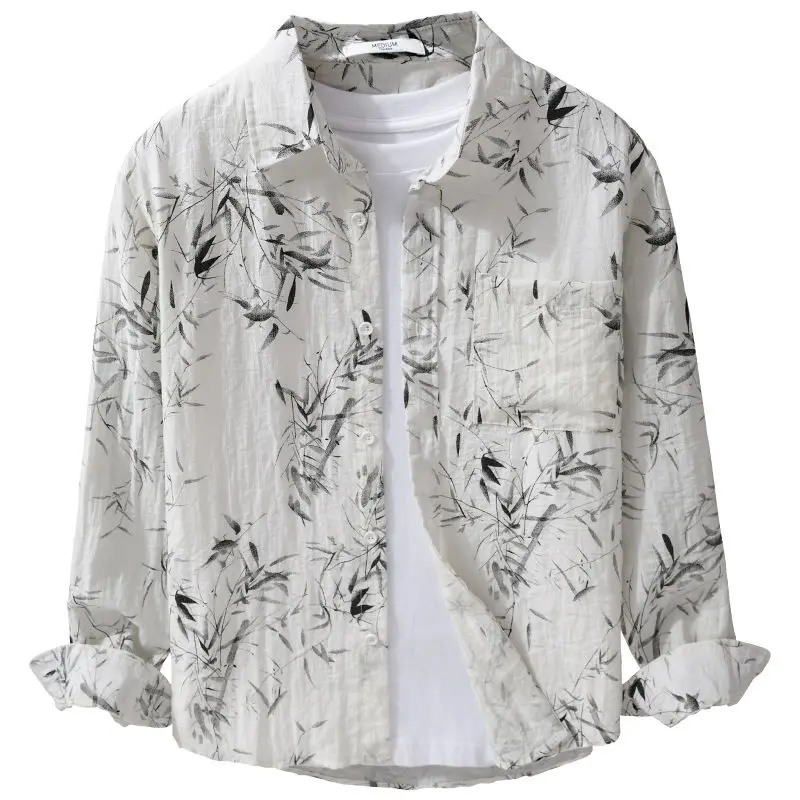 Japanese Retro Printed Men Long-sleeved Shirt Spring and Autumn New Trendy Casual Loose Versatile Cardigan Jacket