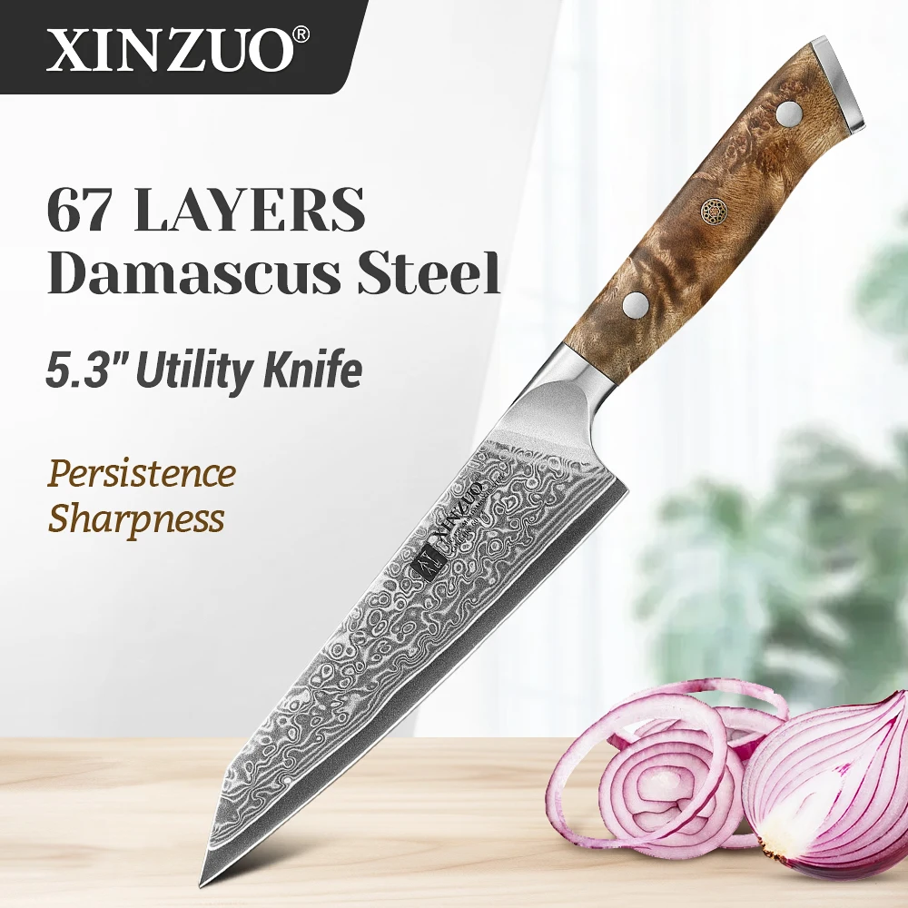 

XINZUO Original Design 5.3" Utility Knife 67 Layers Damascus Steel 10Cr15CoMoV Core Hardness 60±2HRC Ergonomics & Unique Handle