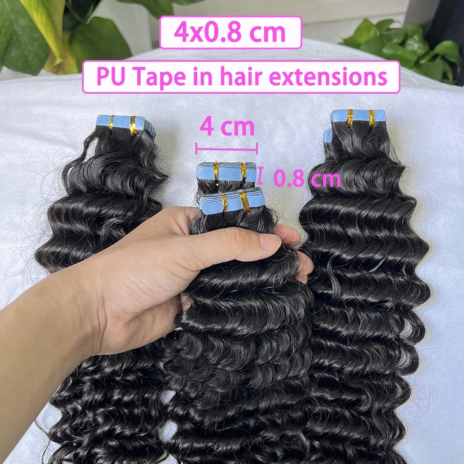 

Deep Wave PU Tape In Extensions 100% Raw Human Hair 4x0.8 cm Seamless PU Weft Hand Tied Adhesives Tape-Ins 100grams Wavy Hair