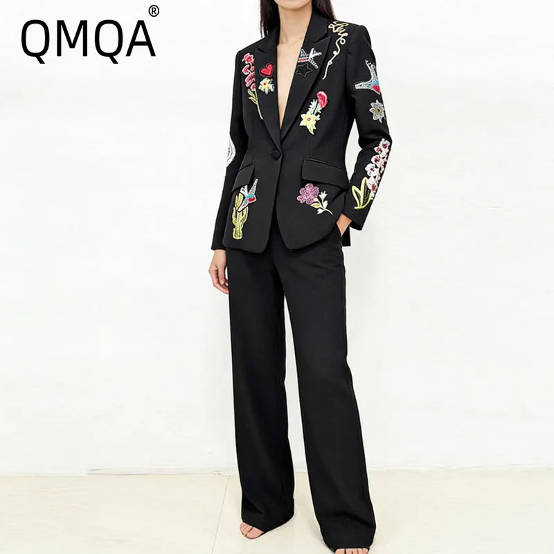 

QMQA Fashion Women's Slimming Two Piece Sets Lapel Long Sleeves Spliced Embroidery Blazer High Waist Pant Set Female New QM992