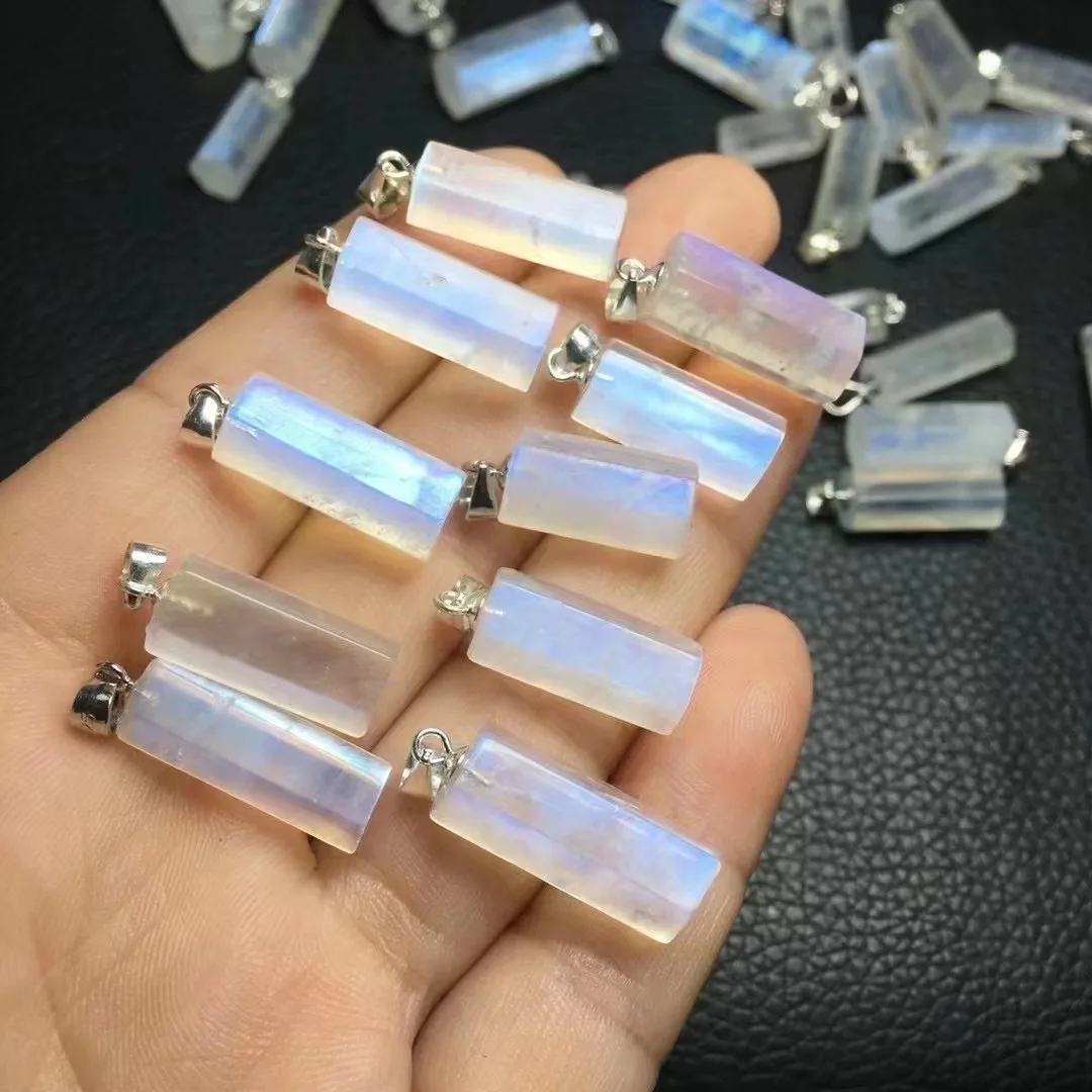 Hot Selling 925 Silver Buckle With Natural Blue Moonstone Crystal Hexagonal Flat Column Shape Pendant Foe Healing Gift