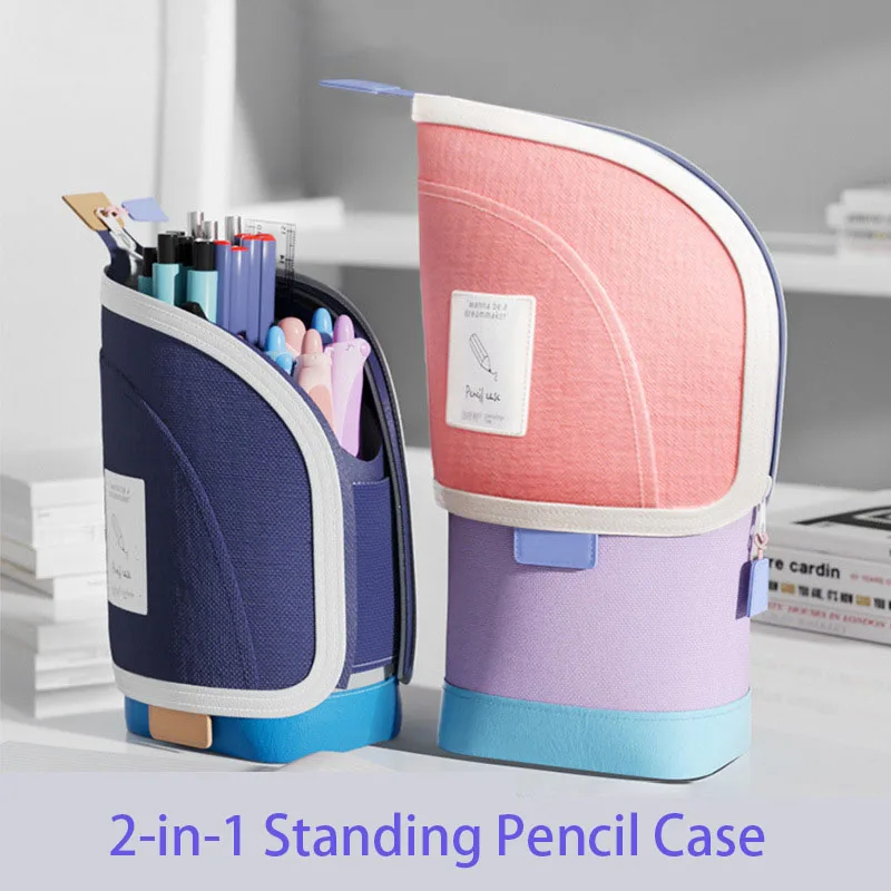 2-in-1 Portable Vertical Student Pencil Bag Pen Holder Standing Pencil Case Retractable Desk Supplies