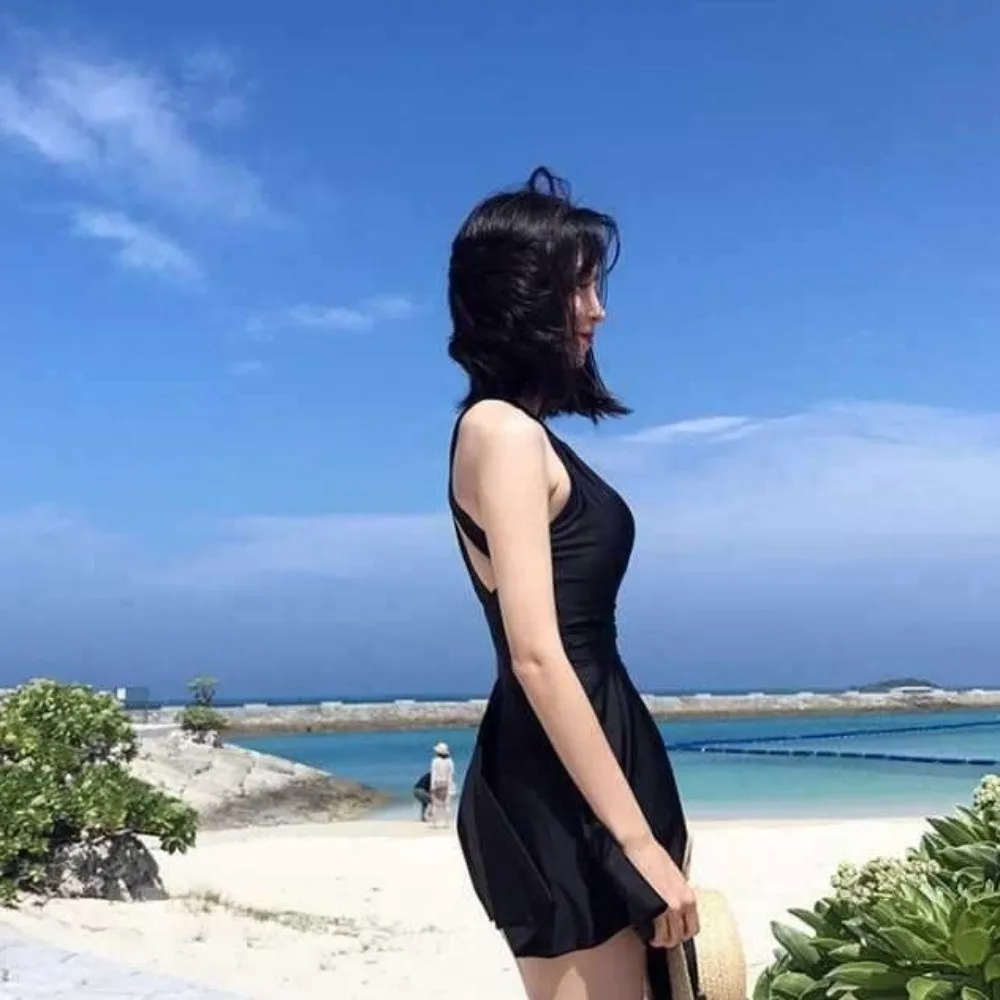 Casual Slim Fit Backless Skirt Swimsuit Pleated Beachwear Hanging Neck Swimsuit Sleeveless Hot Spring Swimwear Summer