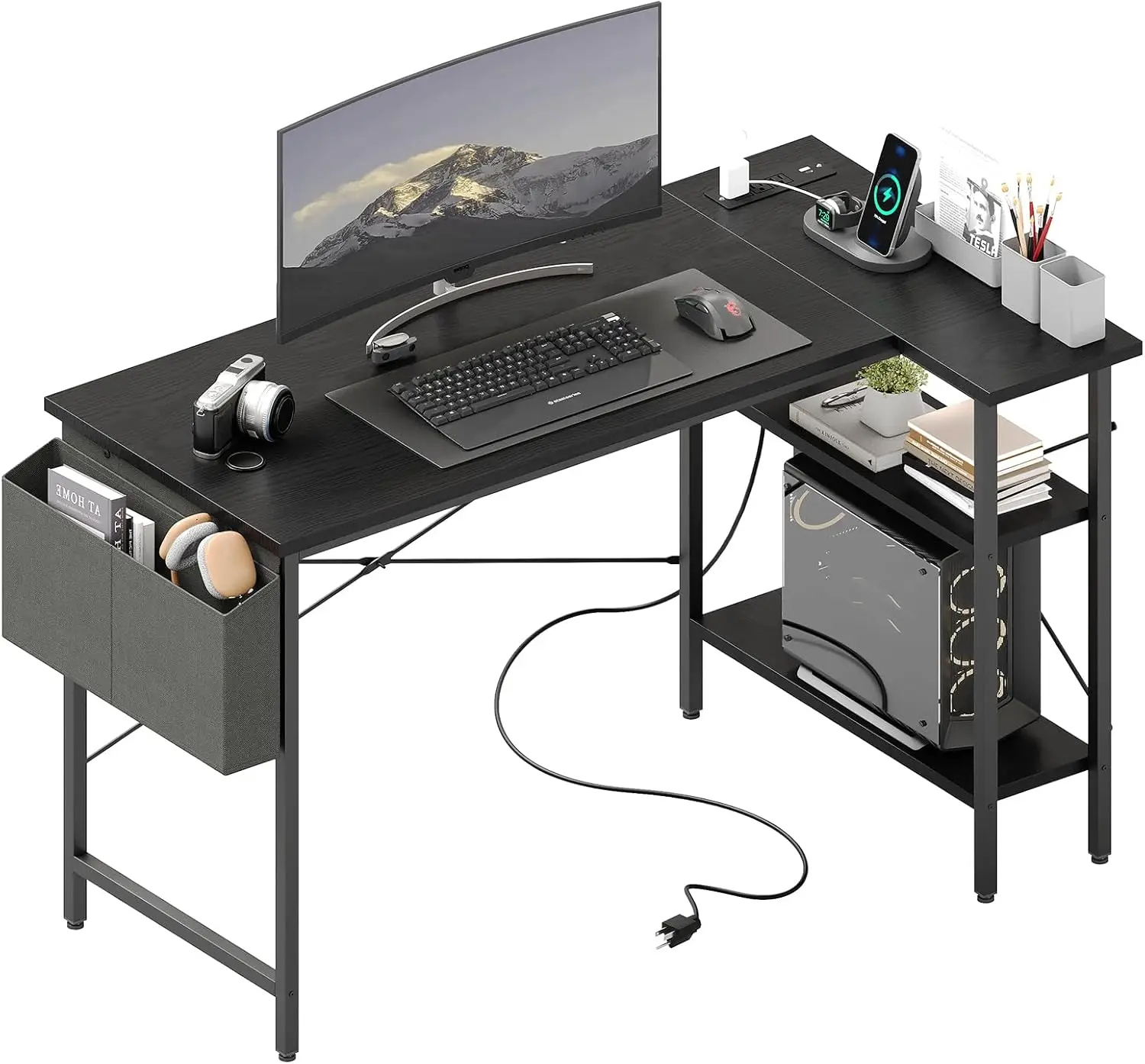

39" Corner Gaming Desk, L Shaped Computer Desk with 3AC+2USB+1Type-C Power Strip, Storage Shelves & Side Hanging Fabric