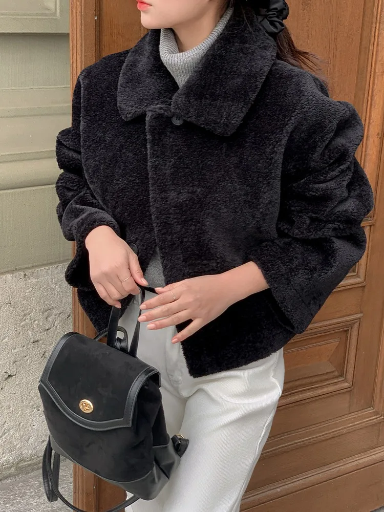 Jaet – vêtements Double face en fourrure d'agneau pour femmes, Chic, rétro, col en cuir et fourrure, tendance, haut chaud, tendance, rue