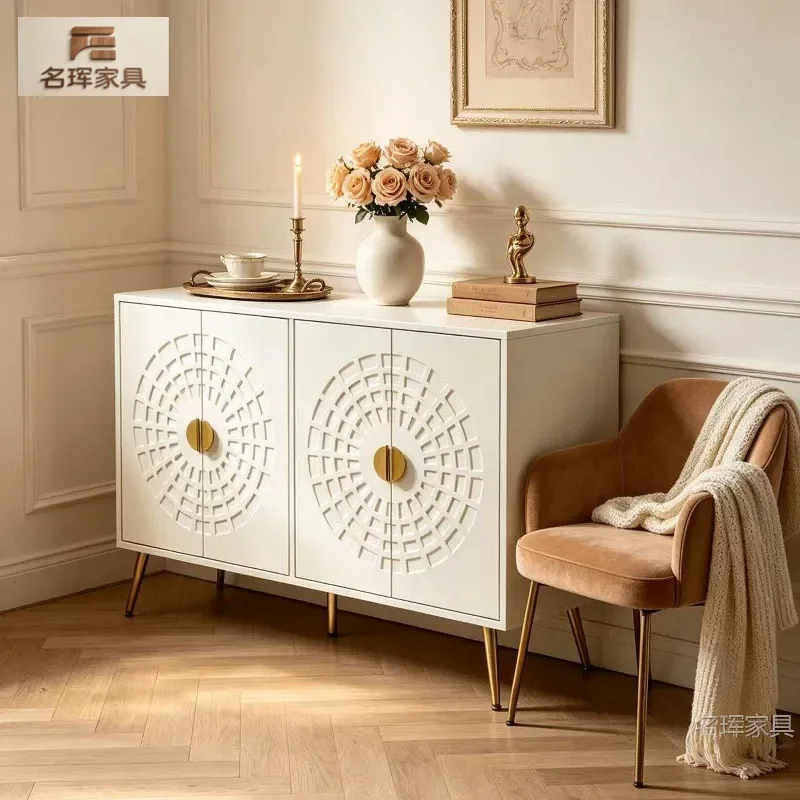 Nordic Light Luxury Round Engraved White Dining Side Cabinet Household Entrance Cabinet Bedroom Advanced Storage Cabinet