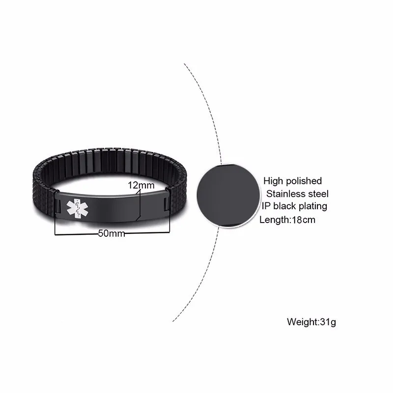 Vnox 12mm Stretch Band Bracelets for Women Black Stainless Steel Type 1/2 Diabetes Medical Alert Personalized ID Bangle