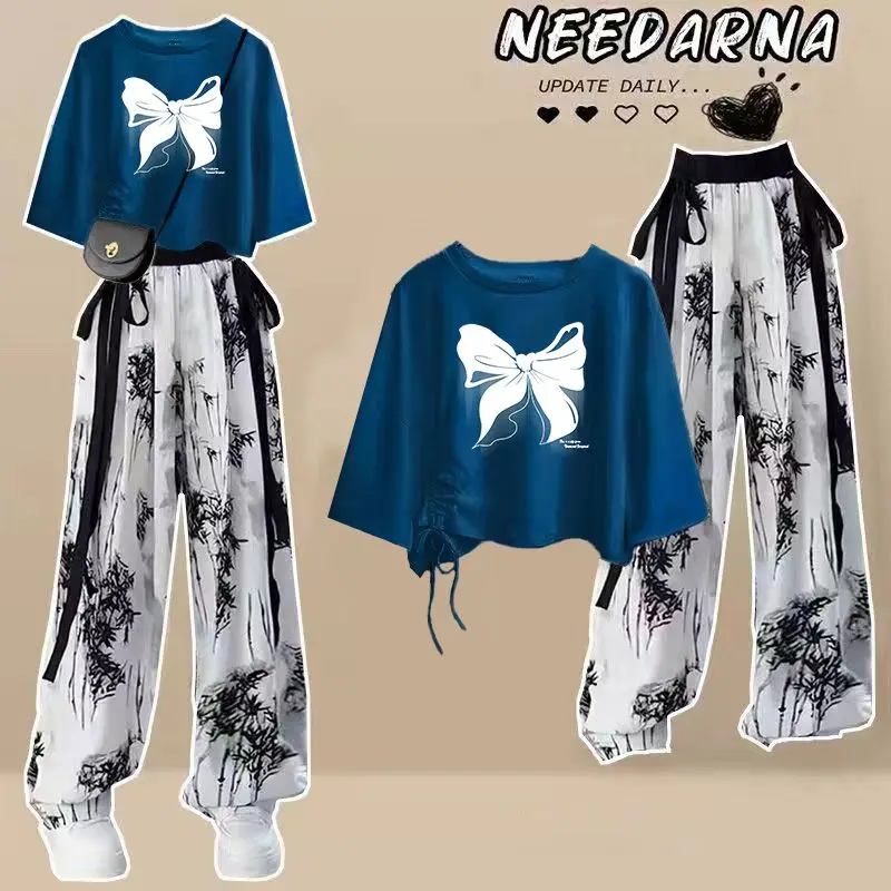 

2025 Summer New Fashion Women's Clothing Short Printed T-shirt + Chinese Style Ice Silk Pants Two-piece Set Trendy