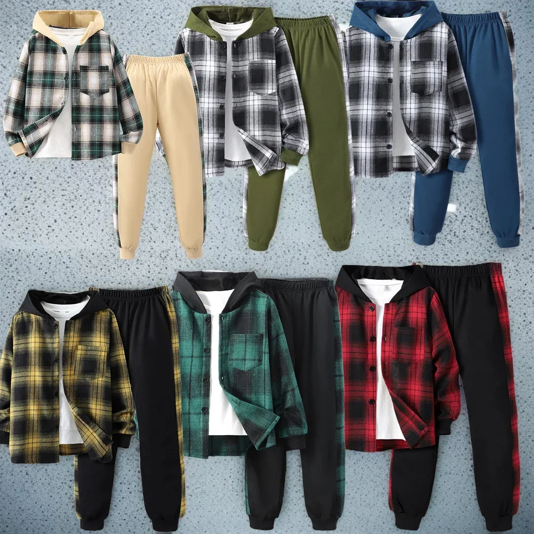 Kids Boys Clothing Set Autumn Long Sleeve Lattice Hooded 2 Pcs Set Tops and Pants Children Outfis Casual Fashion Boys Suit 8-14Y