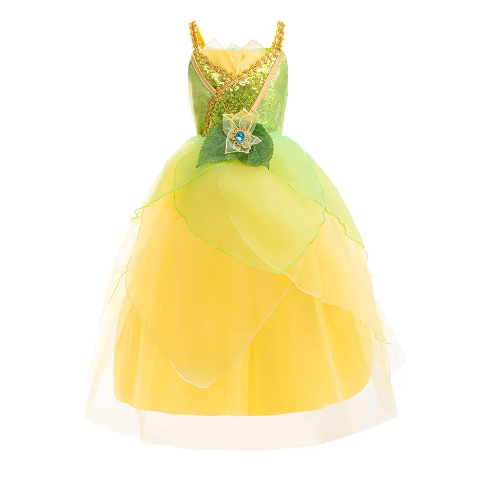 Fairy Tale Fancy Princess and the Frog Costume Play Tiana Ball Gown with Gloves Deluxe Suspender Dress 2 4 5 7 8Y Girl Carnival