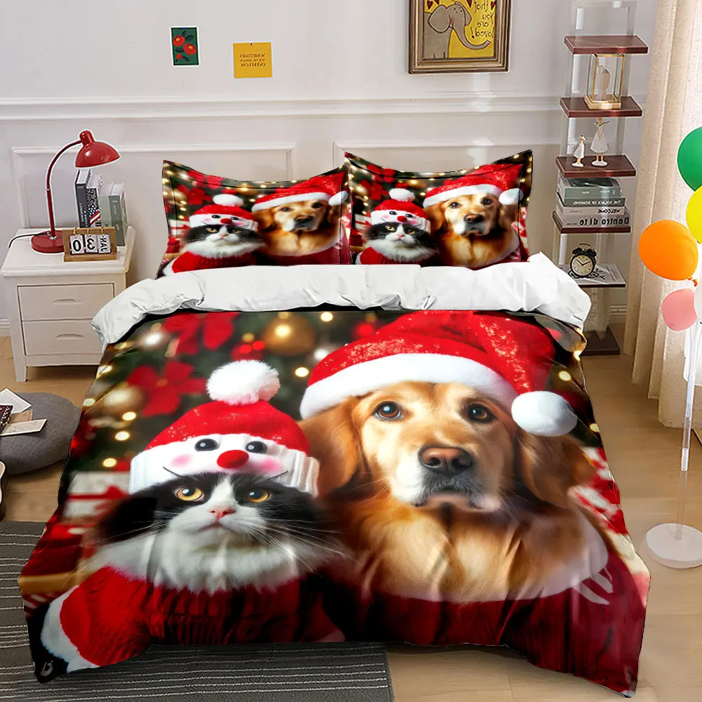 Cute dog and cat in festive Christmas attire Print Duvet Cover Bedding Set Included 1*Duvet Cover 2*Pillowcases