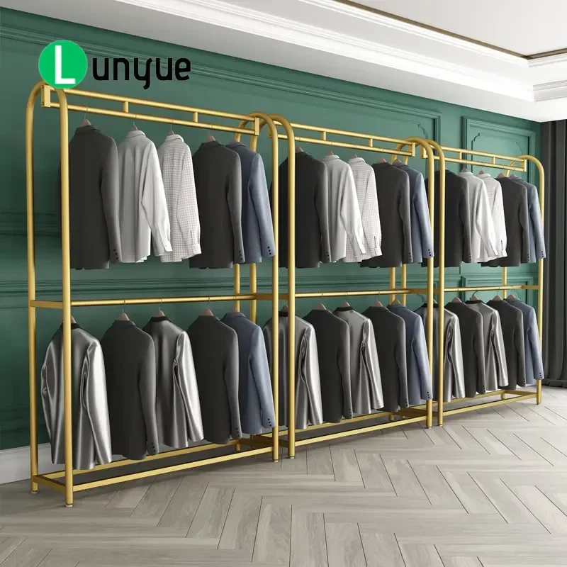 Double Layer Floor to Ceiling Clothes Rack for Men Suits Dresses Cheongsam Wedding Store Display Stand Studio Garment