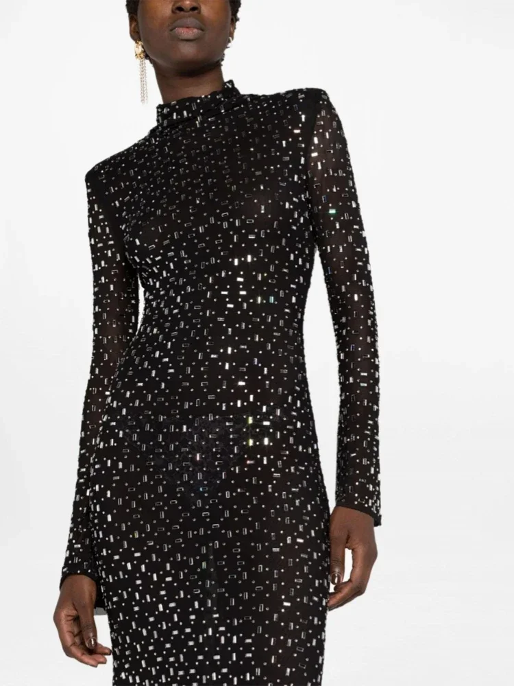 Sexy Turtleneck Long Sleeve Mesh Sequined Diamond Maxi Dress Women Black Bright Rhinestone Bodycon Celebrity Evening Party Gowns