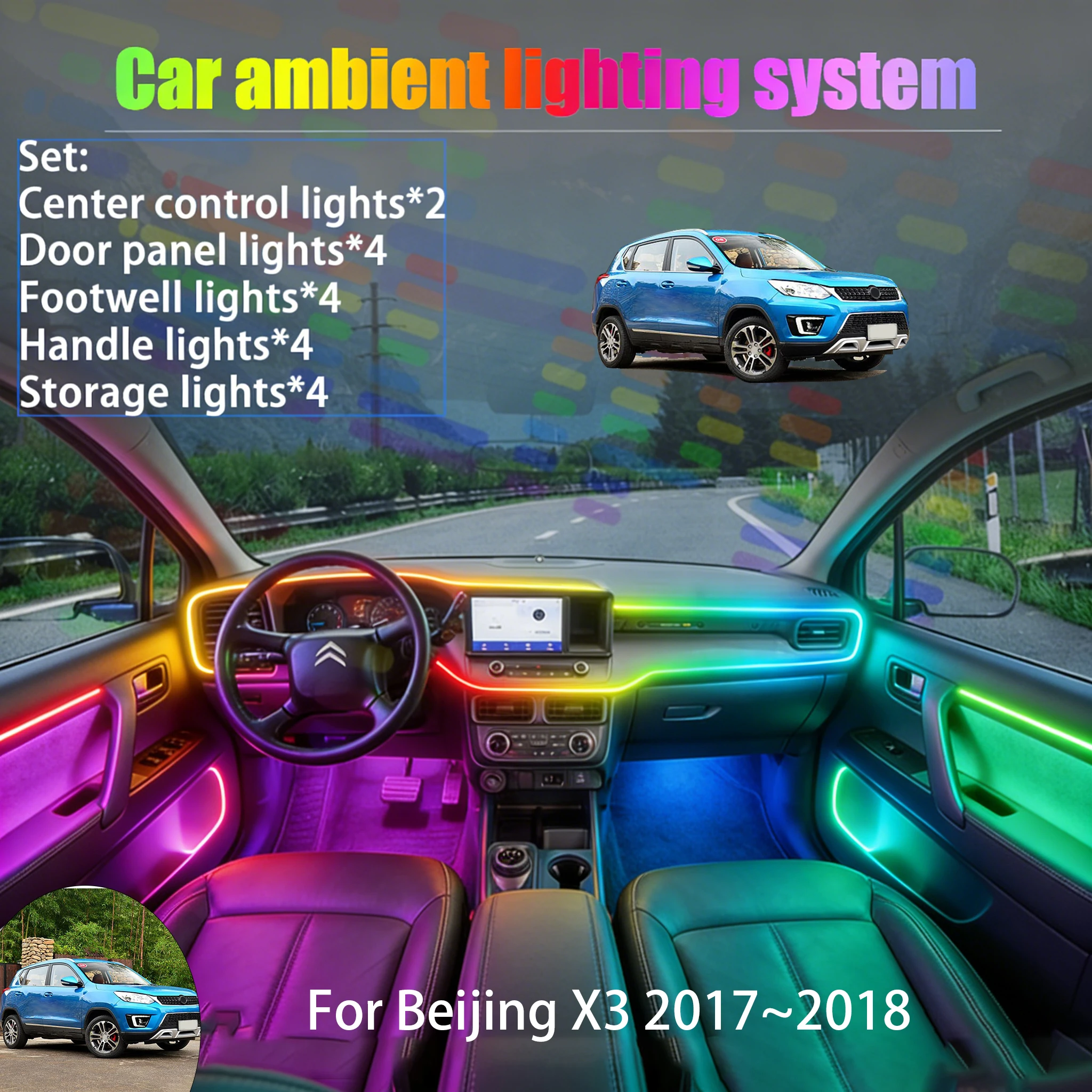 

For Beijing X3 2017~2018 MK1 2/18 in 1 Car ambient lighting Led trunk interior led lights USB RGB Ensemble Streamer Accessories