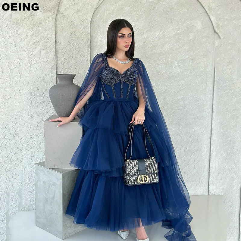 OEING-Royal Blue A-Line Prom Dresses, elegante vestido de tule com xale, vestido para ocasiões especiais