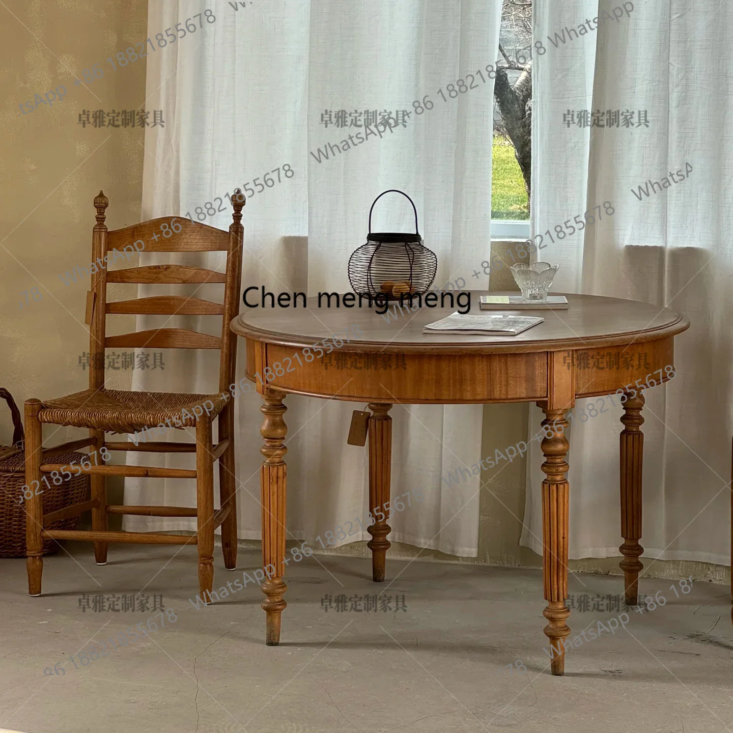 French retro solid wood carving flower small round table American rural round table negotiation table Roman column