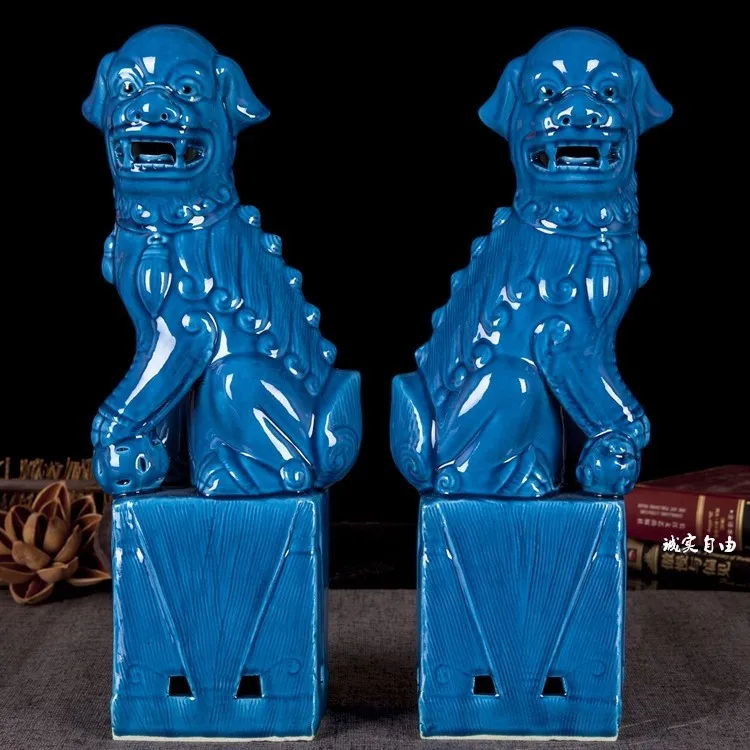 Imagem -02 - Chinês Jingdezhen Cerâmica Porcelana Azul fu Cão Estátua Guardião Leão Desktop Carro Ornamentos Par