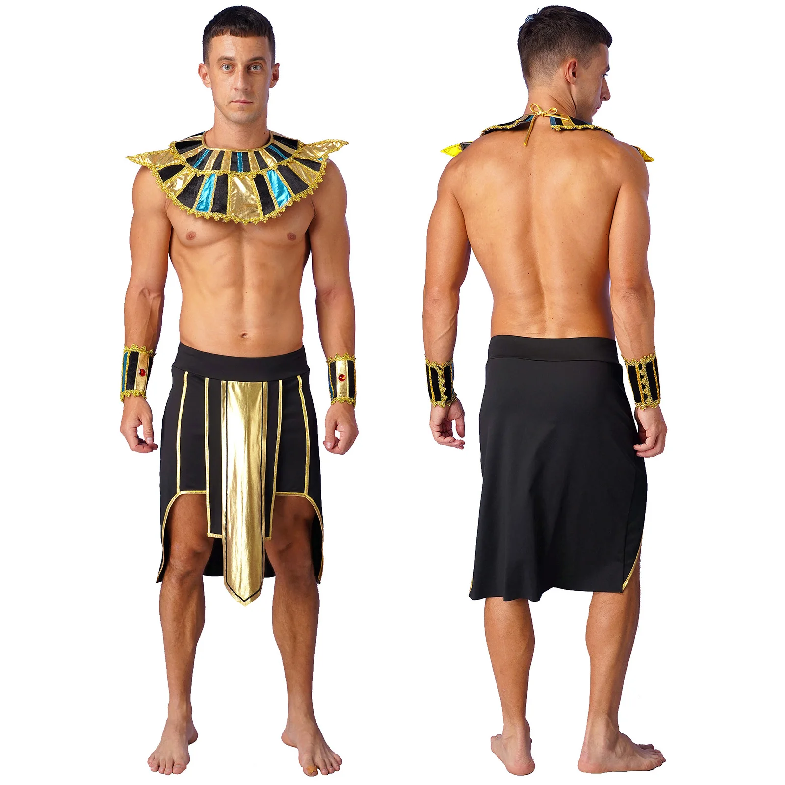 Mens Ancient Egypt Pharaoh King Cosplay Costume Skirt with Cuffs Collar Halloween Theme Party Theatrical Performance Clothes